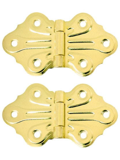 Pair of Butterfly Flush Mount Cabinet Hinges - 1 5/8 inch H x 2 7/8 inch W in Polished Brass.